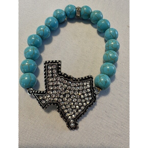 Turquoise Beaded Stretch Bracelet With Rhinestone Texas State Pendant - Picture 2 of 7